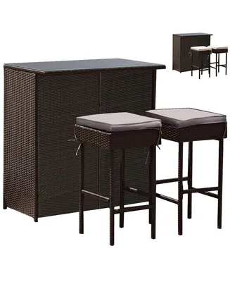 Costway Patio 3PCS Rattan Bar Table Stool Set Cushioned Chairs