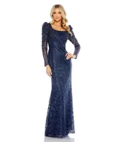 Mac Duggal Women's Embroidered Applique Shoulder Detail Trumpet Gown