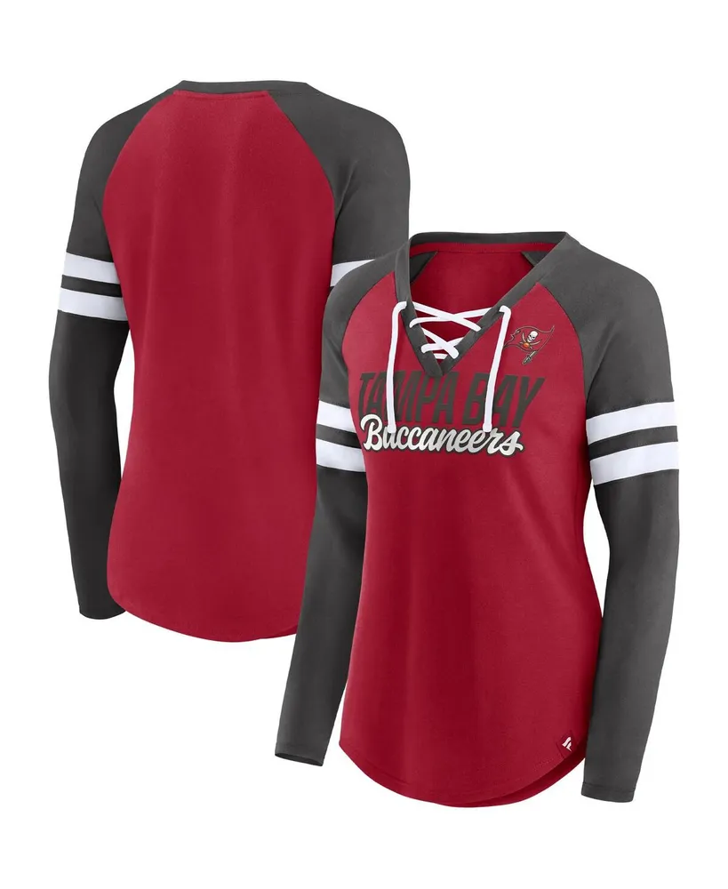 Women's Fanatics Red, Pewter Tampa Bay Buccaneers True to Form Raglan Lace-Up V-Neck Long Sleeve T-shirt