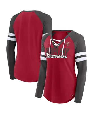 Women's Fanatics Red, Pewter Tampa Bay Buccaneers True to Form Raglan Lace-Up V-Neck Long Sleeve T-shirt