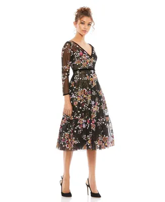 Mac Duggal Women's Black Floral Embroidered Tea Length Dress