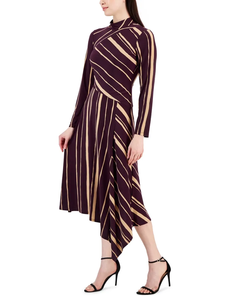 Taylor Petite Striped Mock-Neck Asymmetrical-Hem Dress