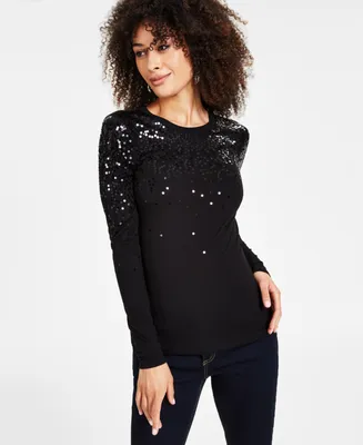 I.n.c. International Concepts Women's Long-Sleeve Sequin Top, Created for Macy's
