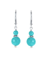 Bling Jewelry Blue Natural Turquoise Bali Milgrain Edged Beaded Rondel Separator Double Ball Round Drop Dangle Earrings Sterling Silver Lever back