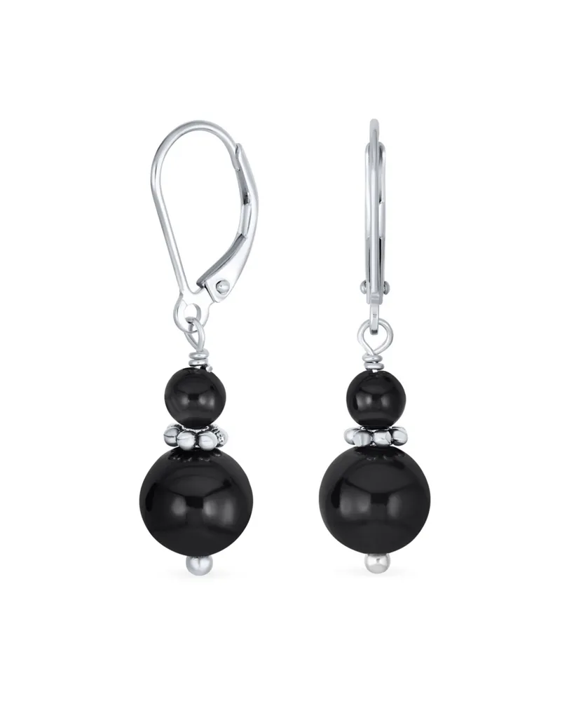 Bling Jewelry Black Natural Onyx Bali Milgrain Edged Beaded Rondel Separator Double Ball Round Drop Dangle Earrings Sterling Silver Lever back