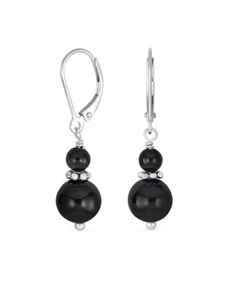 Bling Jewelry Gemstone Natural Black Onyx Boho Bali Milgrain Edged Beaded Rondel Separator Double Ball Round Drop Dangle Earrings Sterling Silver Leve