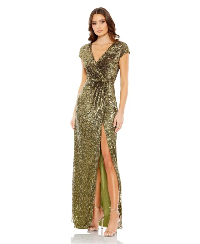 slim fit dress slacks 1970s Unlabeled Green Sequin Dress w Dramatic Feather Trimmed Open Ext   Shrimpton Couture