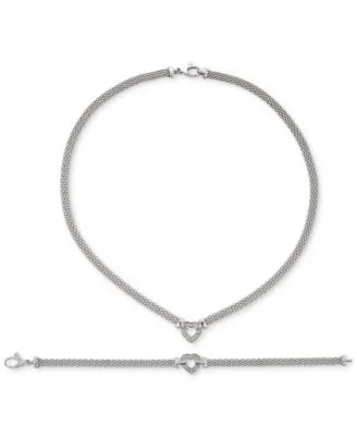 Diamond Heart Mesh Link Bracelet Necklace Collection In Sterling Silver