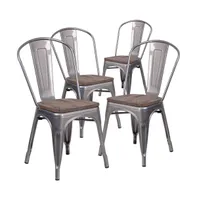 Emma+Oliver 4 Pack Metal Stackable Chair With Wood Seat