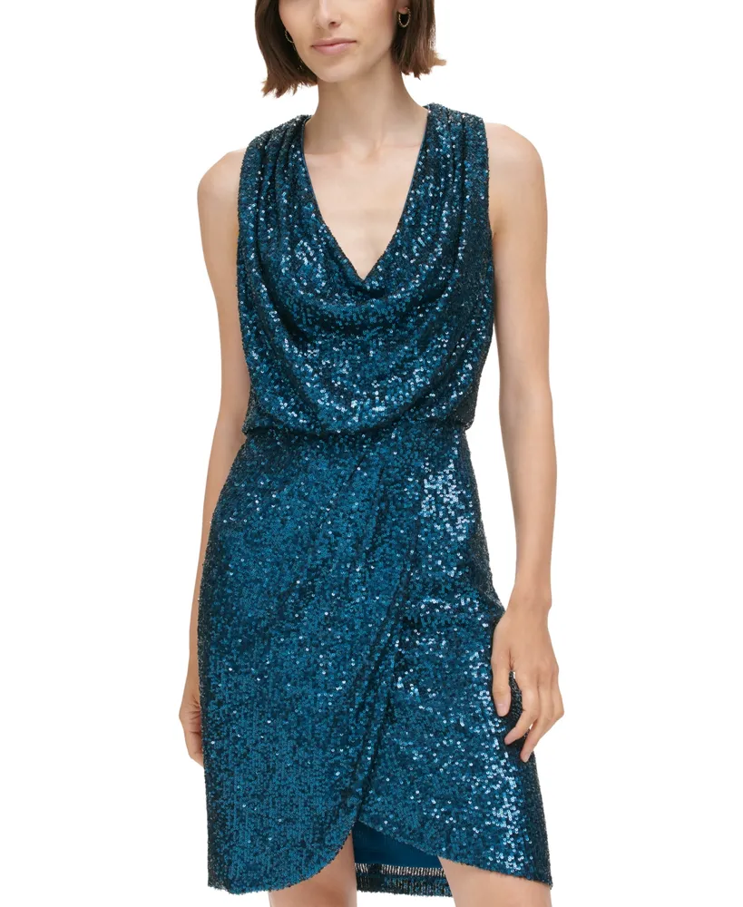 Eliza J Women's Cowlneck Sleeveless Faux-Wrap Sequin Dress
