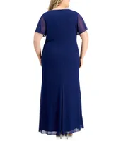 Alex Evenings Plus Flutter-Sleeve Embellished-Trim Gown