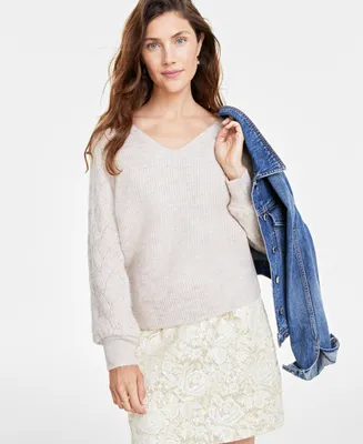 On 34th Women's V-Neck Pointelle-Sleeve Sweater, Created for Macy's