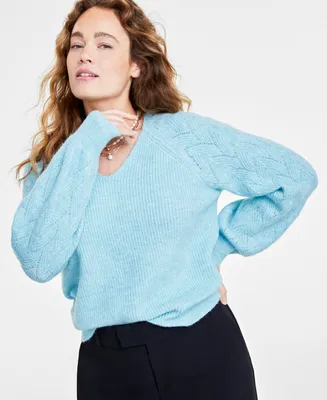 On 34th Women's V-Neck Pointelle-Sleeve Sweater, Created for Macy's