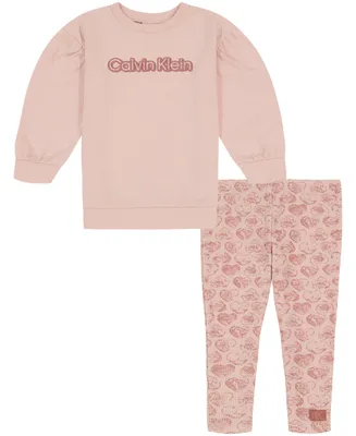 Calvin Klein Little Girls French Terry Puff Sleeve Logo Tunic and Waffle-Knit Print Leggings, 2 Piece Set