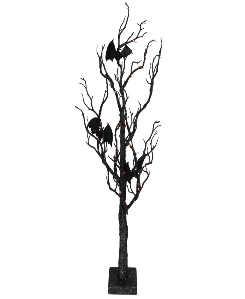 26.5" Black Glittered Battery Operated Led Tabletop Halloween Tree with Bats and Lights