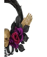 Skull with Hands and Roses Halloween Twig Wreath, 22" Unlit