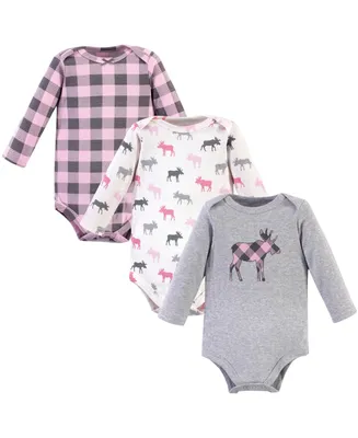Hudson Baby Girls Cotton Long-Sleeve Bodysuits, Pink Moose, 3-Pack