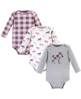 Hudson Baby Girls Cotton Long-Sleeve Bodysuits, Pink Moose, 3-Pack