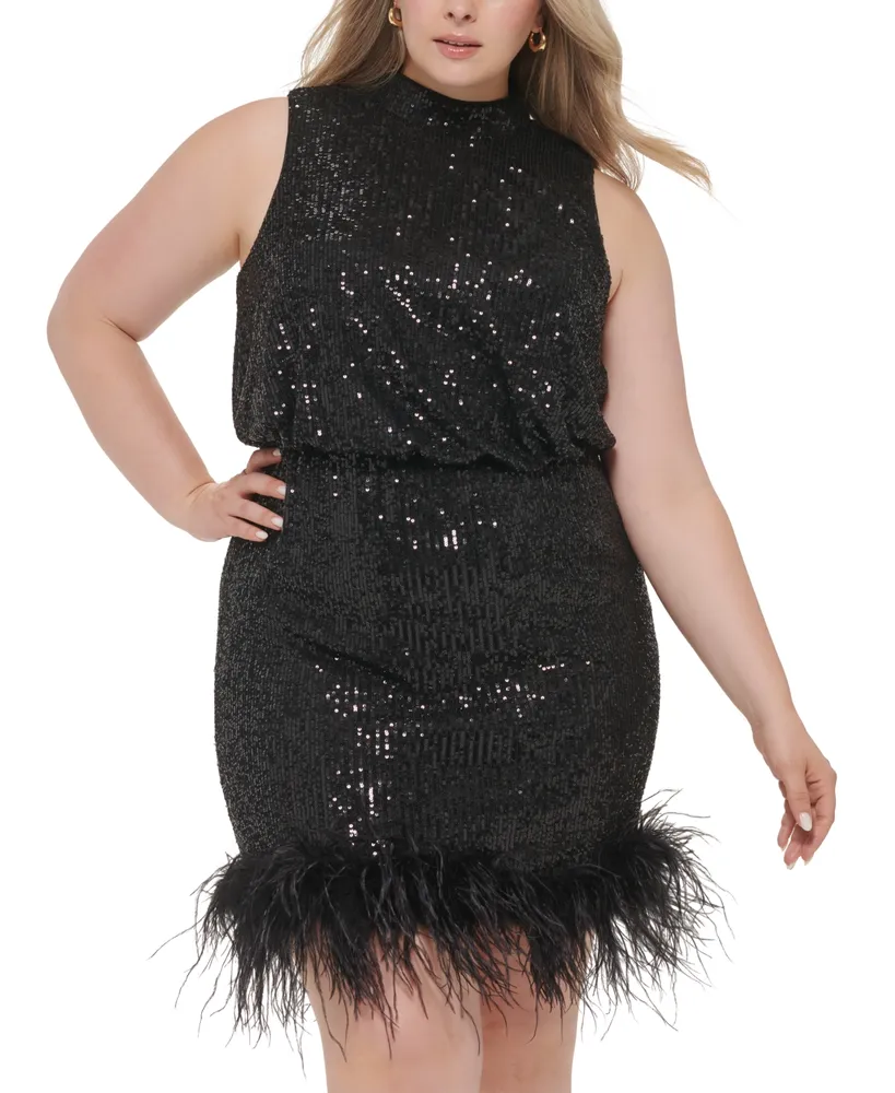 Eliza J Plus Sequined Feathered-Hem Cocktail Dress