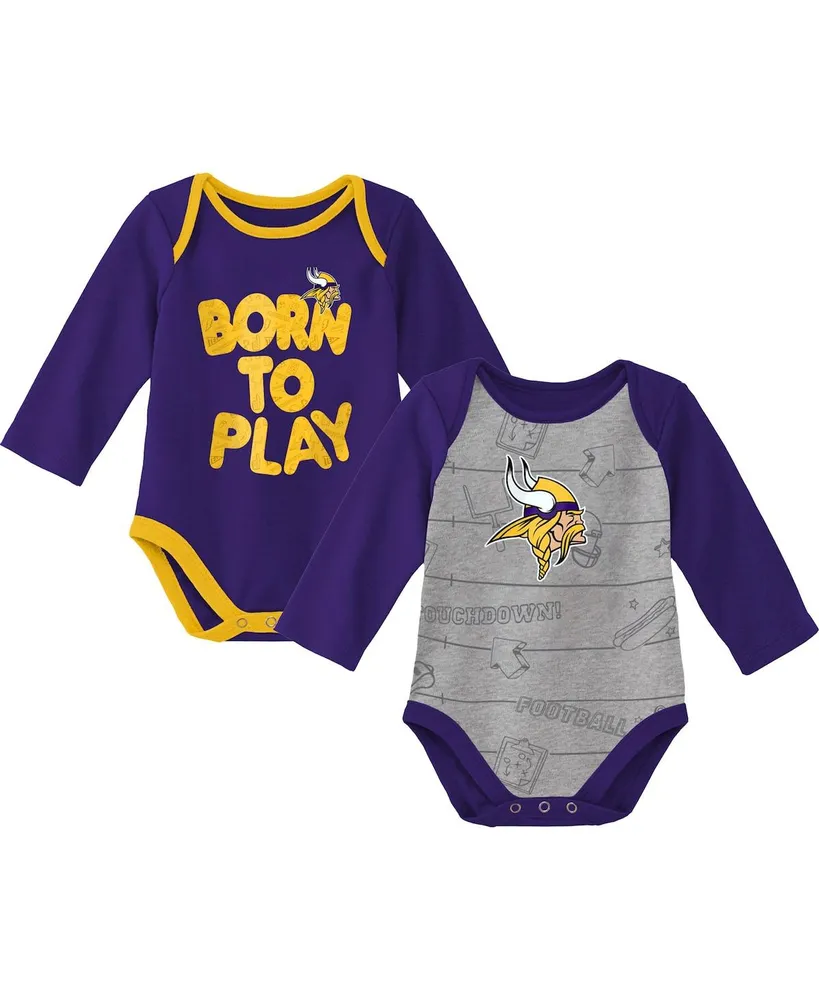 Newborn and Infant Boys and Girls Purple, Heathered Gray Minnesota Vikings Born To Win Two-Pack Long Sleeve Bodysuit Set