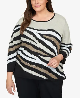 Alfred Dunner Plus Size Classics Animal Jacquard Crew Neck Sweater
