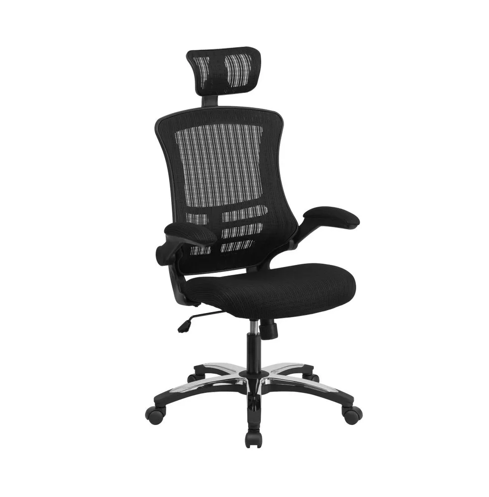 Emma+Oliver High-Back Black Mesh Swivel Ergonomic Executive Office Chair With Flip-Up Arms And Adjustable Headrest