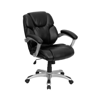 Emma+Oliver Mid-Back Leather Layered Upholstered Executive Swivel Ergonomic Office Chair With Silver Nylon Base And Arms