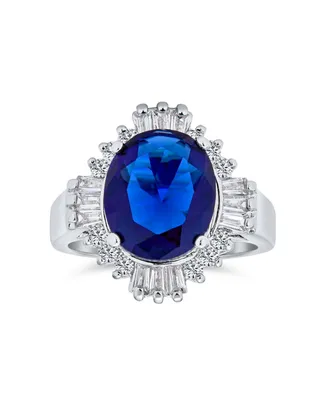 Bling Jewelry Art Deco Style Royal Blue Oval Baguette Halo 6 Ct Aaa Cz Simulated Sapphire Solitaire Statement Engagement Ring For Women Rhodium Plated