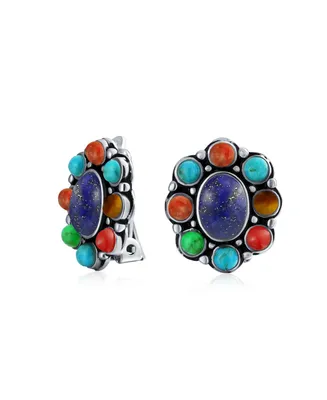 Bling Jewelry Southwestern Lapis Blue Turquoise Multicolor Cabochon Oval Large Gemstones Western Concho Clip On Earrings For Women Non Pierced Ears St