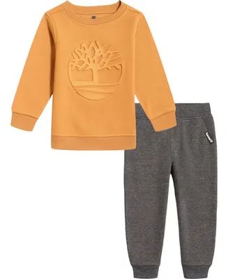 Timberland Toddler Boys Fleece Embossed Logo Crewneck Sweatshirt and Heather Joggers, 2 Piece Set