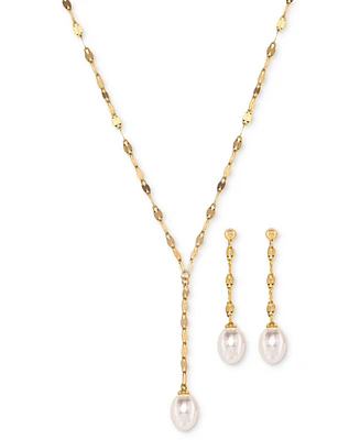 2-Pc. Set Cultured Freshwater Pearl (7 x 9mm) Lariat Necklace & Drop Earrings Sterling Silver