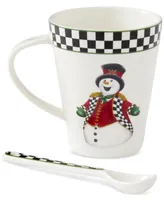 Christmas Tree Santa Black & White Porcelain Mug & Spoon Set