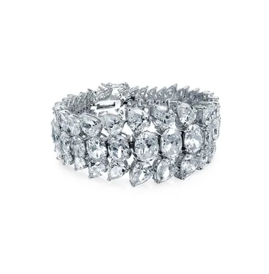 Bling Jewelry Elegant Multi Row Cubic Zirconia Graduated Cluster Teardrop Aaa Cz Wide Statement Bracelet Perfect for Women's Prom, Wedding Rhodium Pla