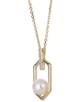 Cultured Freshwater Button Pearl (7mm) & Lab-Created White Sapphire (1/10 ct. t.w.) Hexagon 18" Pendant Necklace in 14k Gold-Plated Sterling Silver