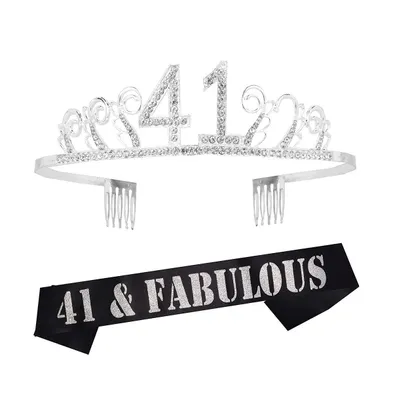 41st Birthday Sash and Tiara for Women - Glitter Sash with Waves Rhinestone Silver Metal Tiara, Perfect 41st Birthday Party Gifts and Accessories