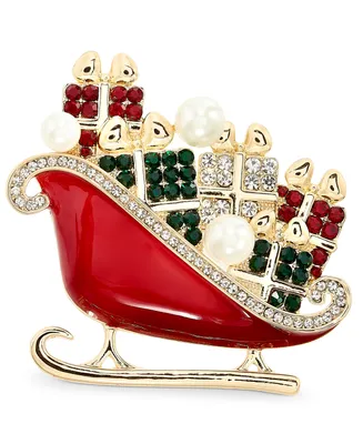 Holiday Lane Gold-Tone Multicolor Crystal & Imitation Pearl Sleigh Pin, Created for Macy's