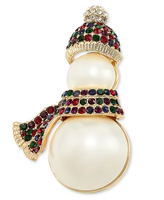 Holiday Lane Gold-Tone Multicolor Pave & Imitation Pearl Snowman Pin, Created for Macy's