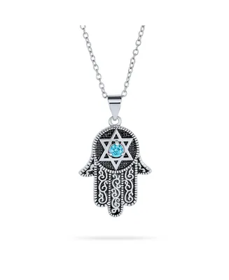 Bling Jewelry Hanukkah Judaic Magen Jewish Hamsa Hand Of God Star Of David Pendant Necklace Blue Cubic Zirconia Cz For Women Black Oxidized