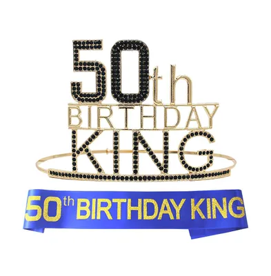 50th Birthday King Crown, Sash, and Pin Set for Men and Boys - Silver Metal Royal Crown, Birthday Sash, and Birthday Boy Pin