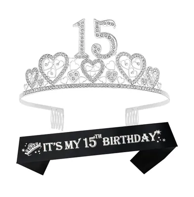 15th Birthday Sash and Tiara Set for Girls: Sparkling Glitter Sash with Hearts Rhinestone Pink Metal Tiara, Perfect for Teenagers Party Celebration an