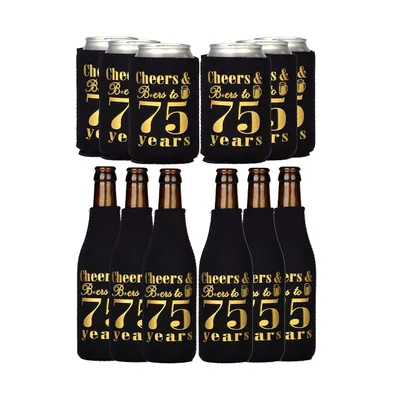 Men's 75th Birthday Black & Gold Neoprene Can Coolers - Insulated Bottle Sleeves for Beer & Soda - Slim, Classy Design Personalized Party Favors