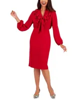 Kasper Womens Long Sleeve Ruffled Collar Tie Front Top Stretch Crepe Skimmer Midi Pencil Skirt