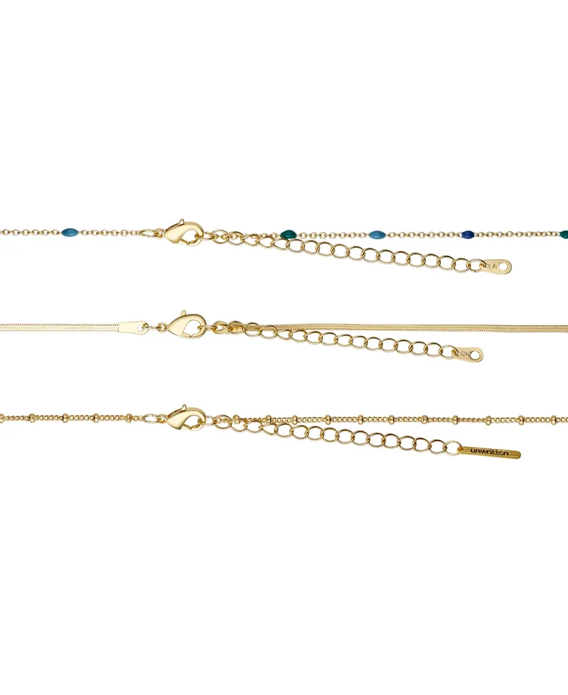 Unwritten 14K Gold Plated Elephant and Blue Enamel Beads Layered Necklace Set, 3 Pieces