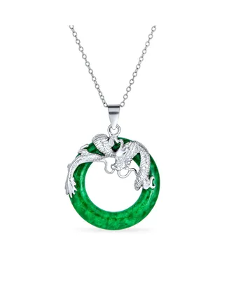 Bling Jewelry Asian Style Open Round Circle Disc Dyed Green Jade Dragon Pendant Necklace for Women .925 Sterling Silver 18 Inch