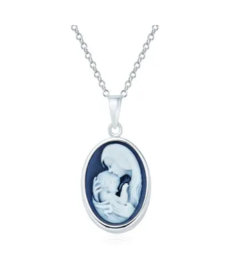 Bling Jewelry Classic Blue White Carved Oval Simple Framed Victorian Lady Portrait Mother and Child Cameo Pendant Necklace For Women Wife .925 Sterlin