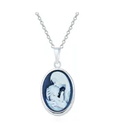 Bling Jewelry Classic Blue White Carved Oval Simple Framed Victorian Lady Portrait Mother and Child Cameo Pendant Necklace For Women Wife Sterling Sil