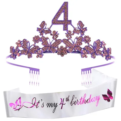 Meant2tobe 4th Birthday Glitter Sash and Metal Tiara with Butterflies Rhinestone for Girls, Perfect Princess Party Accessories Gifts
