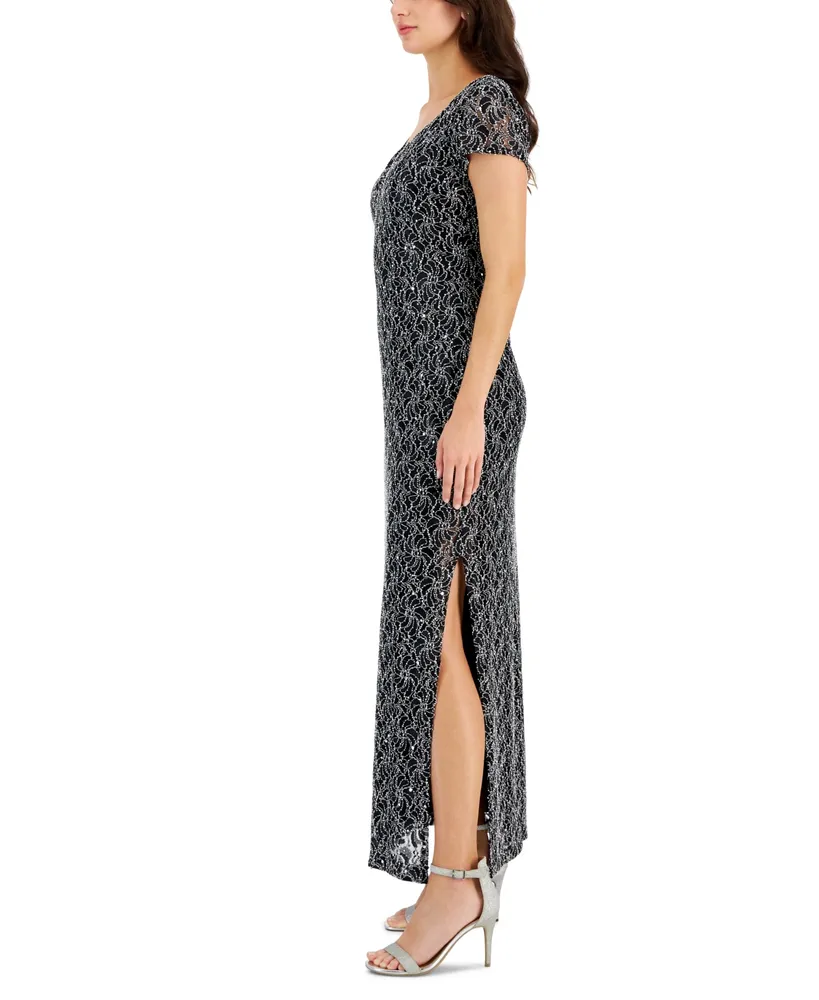 Connected Women's Sequined-Lace Split-Neck Maxi Dress