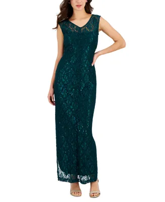Connected Women's Sequined-Lace Boat-Neck Maxi Dress