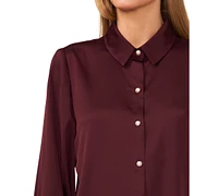 CeCe Women's Luxe Satin Imitation Pearl Button Down Blouse